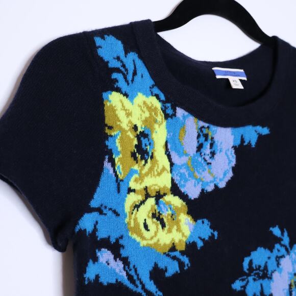 J. CREW Short Sleeve Cashmere T-shirt Sweater Navy Floral Women's XS Petite - Picture 4 of 8